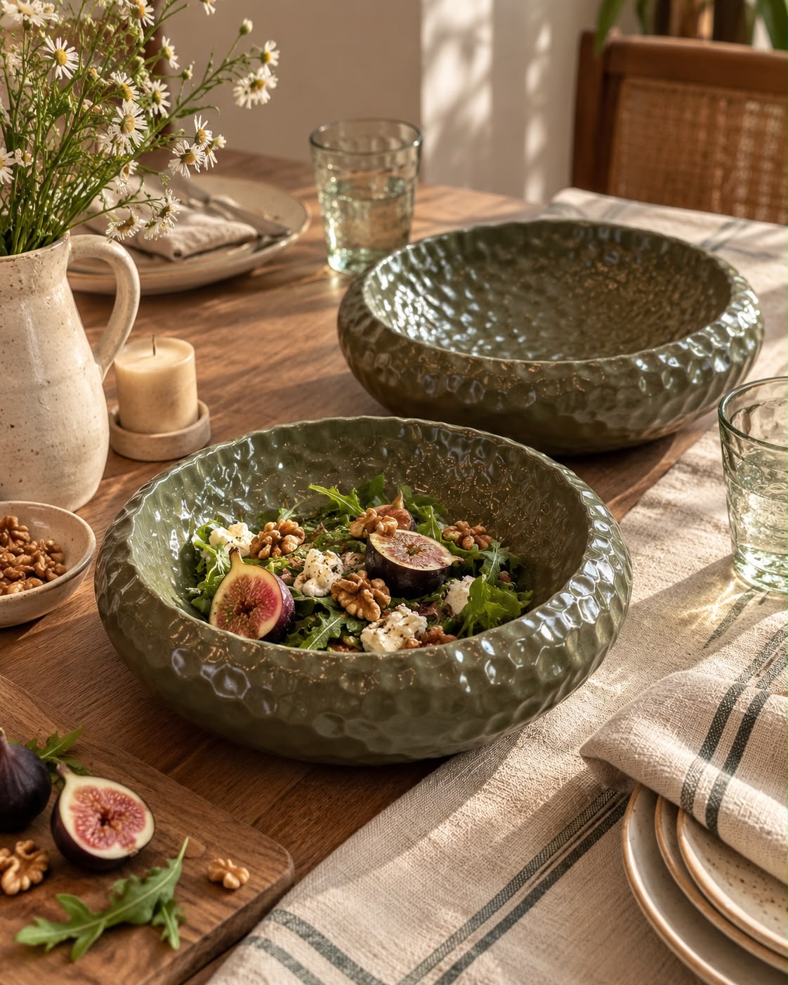 Hammered Olive Ceramic Salad Bowls — Set of 2