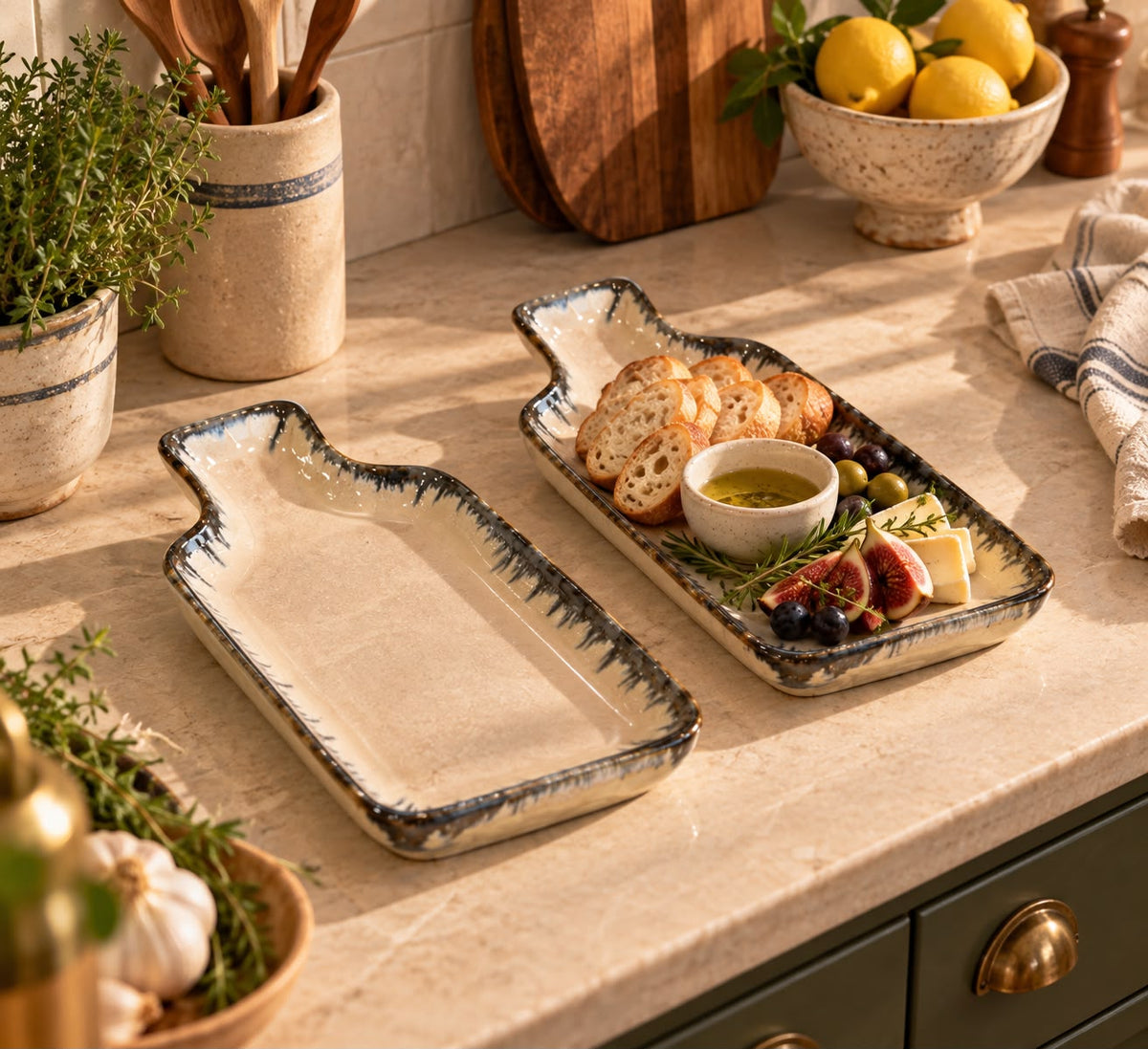 White Rectangular Serving Platter With Blue Rim